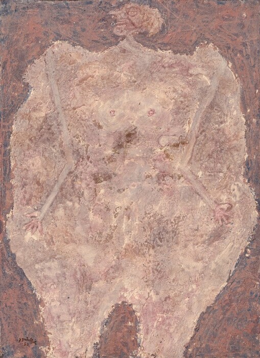 A roughly textured, peachy form nearly fills this vertical, abstract painting. A tiny head facing our left in profile and two spindly arms, elbows facing in, suggest this is a person’s body, but the proportions are bulbous and exaggerated. Two stubby legs extend off the lower edge of the canvas. The face has a long, protruding nose, and the eye and slash of the mouth are drawn with slightly darker pink. The background is mottled with darker, terracotta-brown and nickel gray. The artist signed the painting in the lower left corner, “J. Dubuffet 50.”
