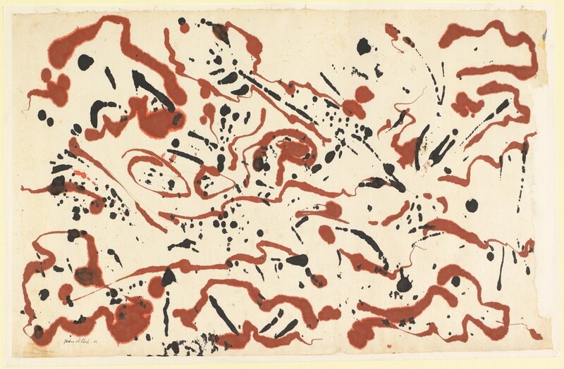 Squiggling and jittery lines in rust brown curl among black splatters and streaks in this horizontal drawing made with ink on cream-white paper. The shapes are mostly evenly spaced around the composition through there are some more sparce areas at the top center and along each of the narrow sides of the sheet. The artist signed and dated the drawing at bottom left corner: "Jackson Pollock 51."