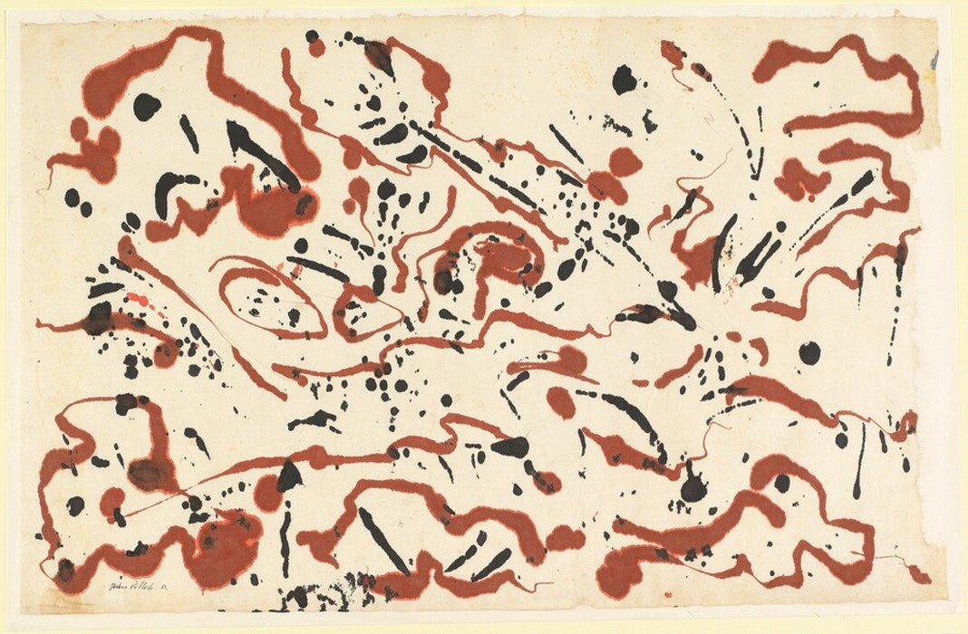 Squiggling and jittery lines in rust brown curl among black splatters and streaks in this horizontal drawing made with ink on cream-white paper. The shapes are mostly evenly spaced around the composition through there are some more sparce areas at the top center and along each of the narrow sides of the sheet. The artist signed and dated the drawing at bottom left corner: "Jackson Pollock 51."