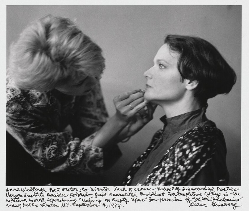 Anne Waldman poet orator, co-Director Jack Kerouac School of Disembodied Poetics Naropa Institute Boulder Colorado, first accredited Buddhist Contemplative College in the Western world experiencing "Make-up on Empty Space" for premiere of "uh. 'oh. 'plutonium" video, public Theater N.Y. September 14, 1984.