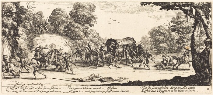 The image shows a horizontal view of a chaotic and dynamic scene of a robbery. The etching technique is used with detailed strokes, particularly in the depiction of trees and foliage. The color palette is monochromatic, utilizing shades of black and white. A figure lies on the ground with a bag, while robbers on horseback and other figures engage in the robbery. In the distance, a covered wagon is being assailed by bandits, with trees surrounding the scene.