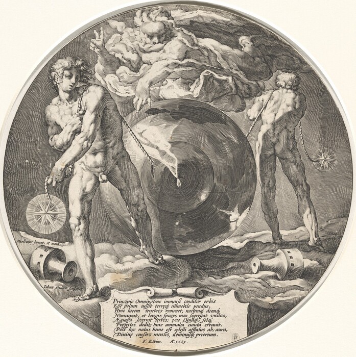 This is a drawing depicting two nude figures on a cloud-like surface. One figure holds a chain connected to a star-like object, mirroring by the other figure. An ethereal figure hovers above them, reaching towards a large swirling disk-like object in the center. A scroll with Latin writing is below the figures. The style is reminiscent of Hendrik Goltzius, known for intricate engravings and mythological themes. The circular composition suggests balance, while the detailed engraving gives a sense of depth and texture.