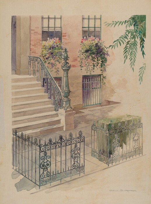The image shows an urban residential scene. The perspective is slightly elevated, looking down into a courtyard surrounded by ornate iron railings. There is a set of steps leading up to a doorway on the left, bordered by wrought iron railing. The painting captures the building's architecture in fine detail, including the brickwork and ironwork. Flower boxes hang from windows with colorful blooms. The color palette includes warm terracotta, cool greens, and beige, with darker iron details. Green branches are seen at the right edge of the image.