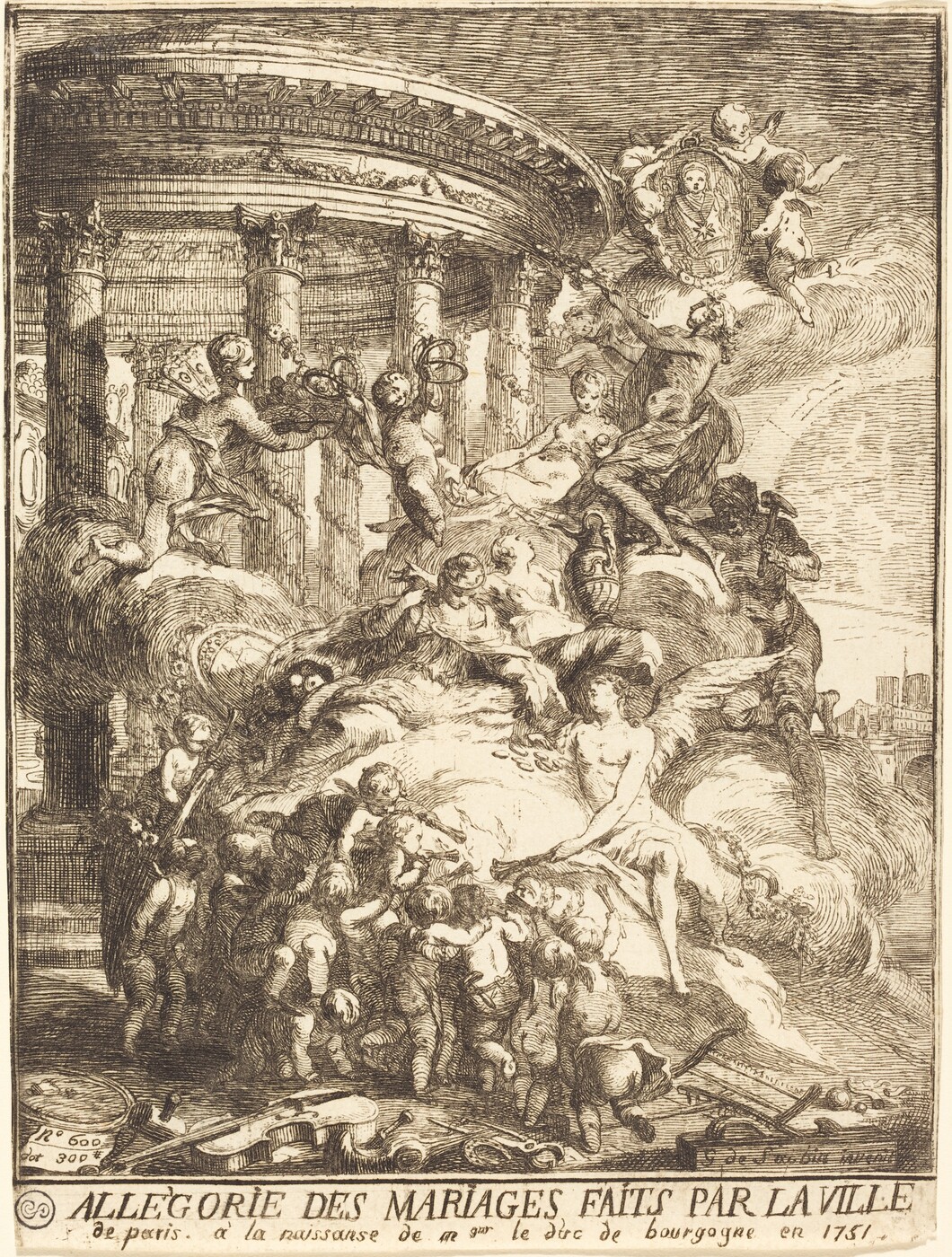 This is a drawing of an allegorical scene depicting marriage. The artwork shows figures, predominantly cherubs and mythological beings, engaging in a celebration under a grand architectural structure with columns. The top portion includes cherubs holding an ornate oval frame and other cherubs in flight, while the central figures are reclining amidst flowing drapery. At the bottom, more cherubs and classical musical instruments are scattered, creating a sense of festivity. The use of line and form creates a theatrical atmosphere, highlighting the allegorical nature of marriages as a ceremonious event.