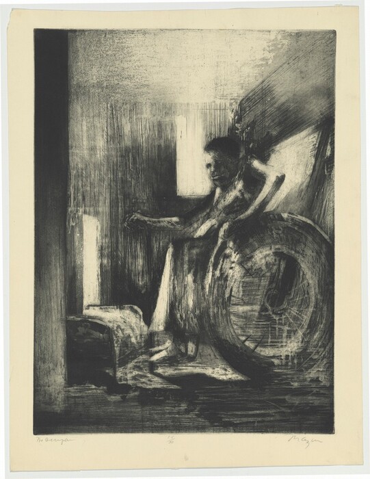 This is a drawing of a figure seated in a contemplative posture. The image is rendered in a monochromatic color scheme, utilizing varying shades of black and white. The composition is centered around a figure seated on what appears to be a chair, with blurred, swirling lines creating the impression of movement. The figure's posture is one of contemplation, enhanced by the play of light and shadow that adds depth to the form. The background is textured and somewhat abstract, with light streaming in from a window, illuminating the scene. The use of rough lines and the dark palette contribute to a somber mood, and the overall style is suggestive of expressionism. The environment is sparse and undefined.