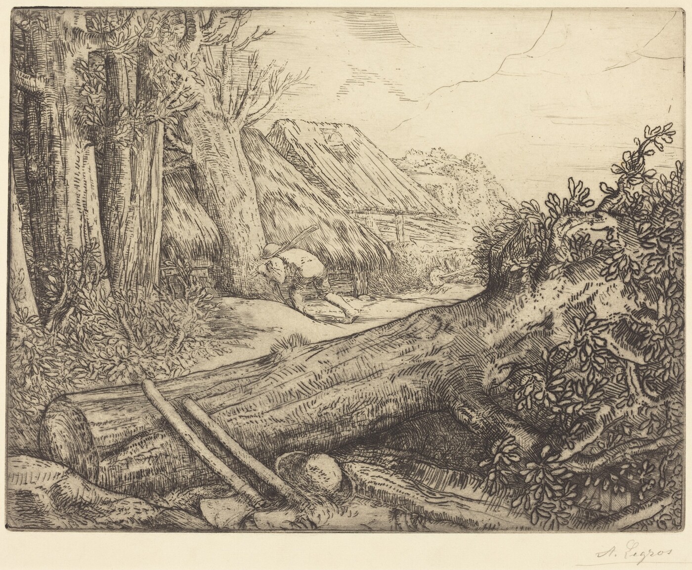 The image shows a felled tree trunk with axes and a straw hat nearby. A figure is bending down near thatched-roof buildings. Hills are visible in the distance, creating depth. The artwork features detailed brushstrokes, emphasizing textures in the trees and foliage. The color palette is monochromatic, using shades of brown and black.