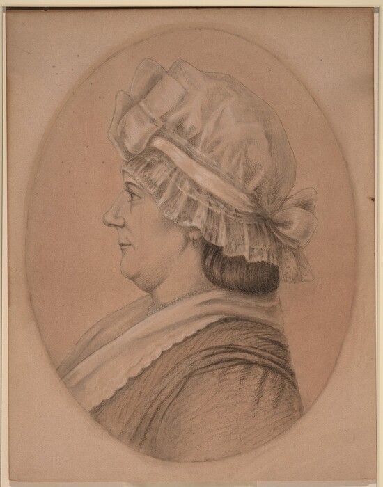 The image shows a profile view portrait of a woman facing left. Her features include a prominent nose, forehead, and chin. She wears a frilled cap with a bow, a lace-trimmed collar, and a necklace. The plain background has an oval vignette frame.