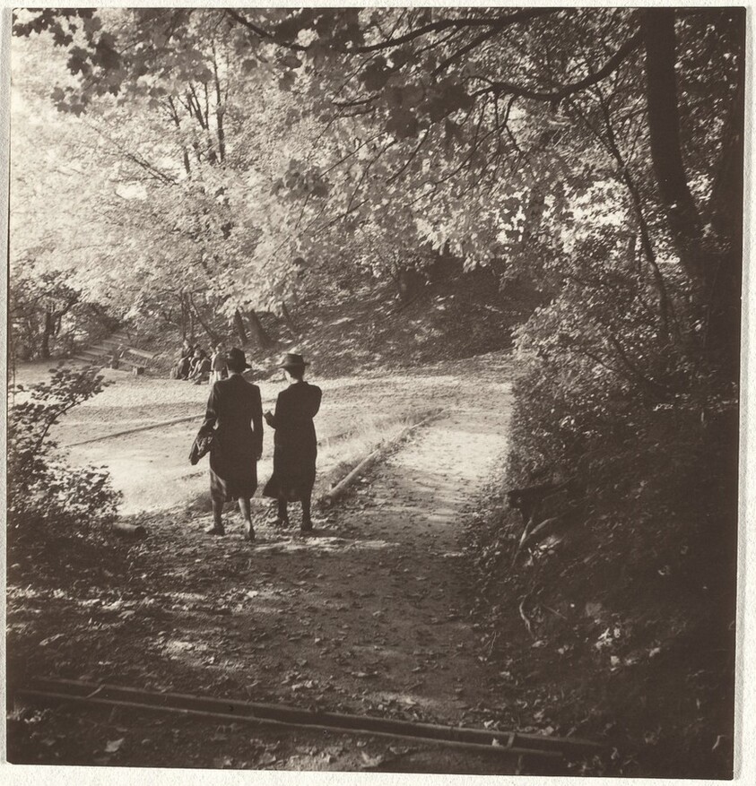 Two women walking in park--People