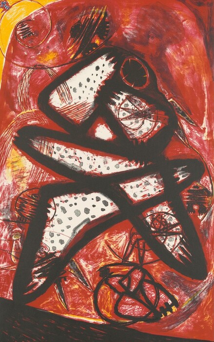 The image shows bold, overlapping black lines forming abstract, angular shapes against a vivid red and orange background. The shapes resemble fragmented figures or parts of mechanical objects, creating an abstract composition. The central shapes are spotted with black patterns. In the background, swirling lines and circular forms can be seen, adding depth to the overall imagery.