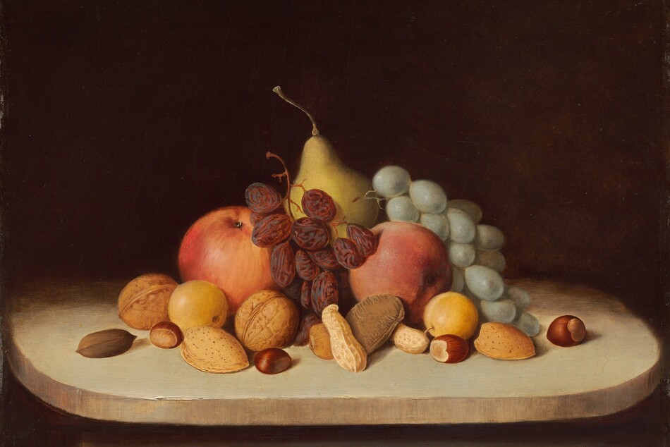 Several pieces of fruit, a bunch of green grapes, a stem of raisins, and several types of nuts in their shells are piled on a putty-brown tabletop or ledge with rounded corners against a dark background in this horizontal still life painting. The food is brightly lit from the front, and we look slightly down onto the table. There are two round red apples and two pieces of small yellow fruit, perhaps quinces, flanking a golden yellow pear at the back center. The bunch of grapes drapes over the fruit to our right and the raisins lie between the apples. Thirteen walnuts, peanuts, almonds, hazelnuts, and perhaps a brazil nut are scattered in a loose band in front of the fruit. The surface on which the still life sits becomes swallowed in shadow behind the fruit, and blends into the dark brown background. The artist signed and dated the work in dark paint in the lower right corner, almost lost in shadow under the ledge: “R.S. Duncanson 1848.”
