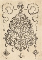 Large Strapwork Pendant with Two Hangers as Earrings at Left and Right, Daniel Mignot