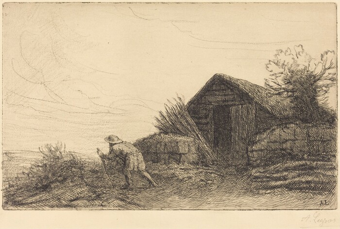 The image shows a scene with a solitary figure leaning on a stick, looking towards the left. In the background, there is a low horizon with a sky dominating the composition. To the right, there is a rustic structure with a slanted roof, shrubbery, and a stylized tree. The artwork uses fine, detailed etching techniques with cross-hatched lines to depict texture and form. The color palette is monochromatic with sepia tones adding contrast.