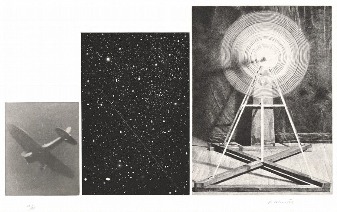 The image displays three sections with different shapes and lines. On the left, an abstract depiction of an airplane among diagonal lines. The middle section features dense white dots on a black background, resembling a starry night sky with diagonal lines. On the right, concentric circles emanate from the center, resembling a target or radar screen, supported by a structure resembling an easel.