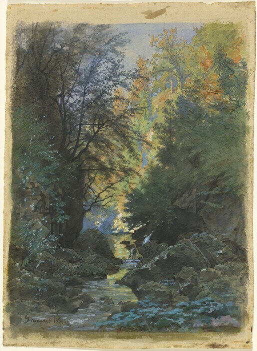 The image is of a rocky woodland opening up to a narrow sunlit river. The horizon is not clearly visible due to the dense trees and foliage arching over the waterway and landscape. In the distance, a person on horseback is seen riding the path along the river, which displays bright yellow and blue hues. The painting features detailed brushstrokes defining the branches and rocks, with a rich color palette of earthy tones such as greens, browns, and deep blues, along with golden reflections on the river and autumnal colors in the foliage. The composition conveys a tranquil and secluded atmosphere, highlighting the beauty of the natural surroundings.