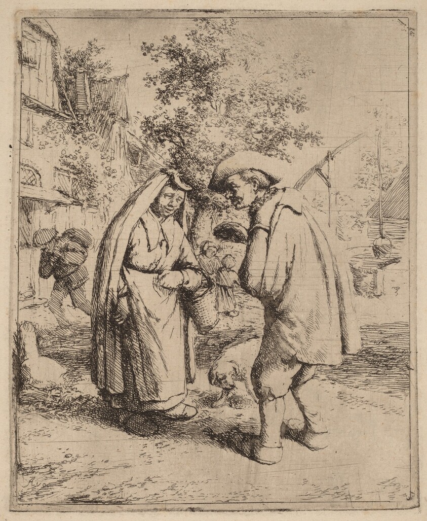 Man and Woman Conversing on a Busy Village Street