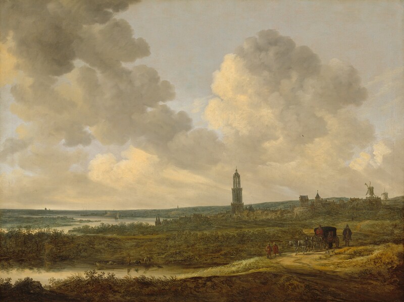 We look across low, rolling hills at a skyline with a tower, windmills, church steeples, and the rooflines of a distant town, beneath a pale blue sky filled with billowing white and ash-gray clouds in this horizontal landscape painting. The horizon line comes about a third of the way up the composition. The grass and scrubby vegetation closest to us is warmed with sunlight coming from the left side, and is painted in tones of mustard yellow, chocolate brown, and hints of sage green. The light falls across a road curving in from the lower right, where a group travels toward us. Two men wearing soft hats and rust-red tunics walk before a black carriage pulled by four gray horses. The coachman is wrapped in a cloak the same red as the men in front, and one occupant is visible inside. A man on horseback, dressed in a dark cloak and hat, rides alongside, with a skinny, pale brown dog trotting in front of him. A narrow, gleaming sliver of water with a flat-bottomed boat is to the left, just beyond the road. We see the boat from the long side, with three men near one end and bundles in the other. Another sailboat floats in the river, which winds into the distance to our left. Two more masted ships are docked in the distance, their sails furled. The clouds cast the back half of the landscape in shadow, so it is painted in cool tones of laurel green to capture the densely packed buildings of the town. Windmills and spires suggest more towns along the rise and in the deep distance. The artist signed and dated the painting in the lower right corner, “VGoyen 1646.”
