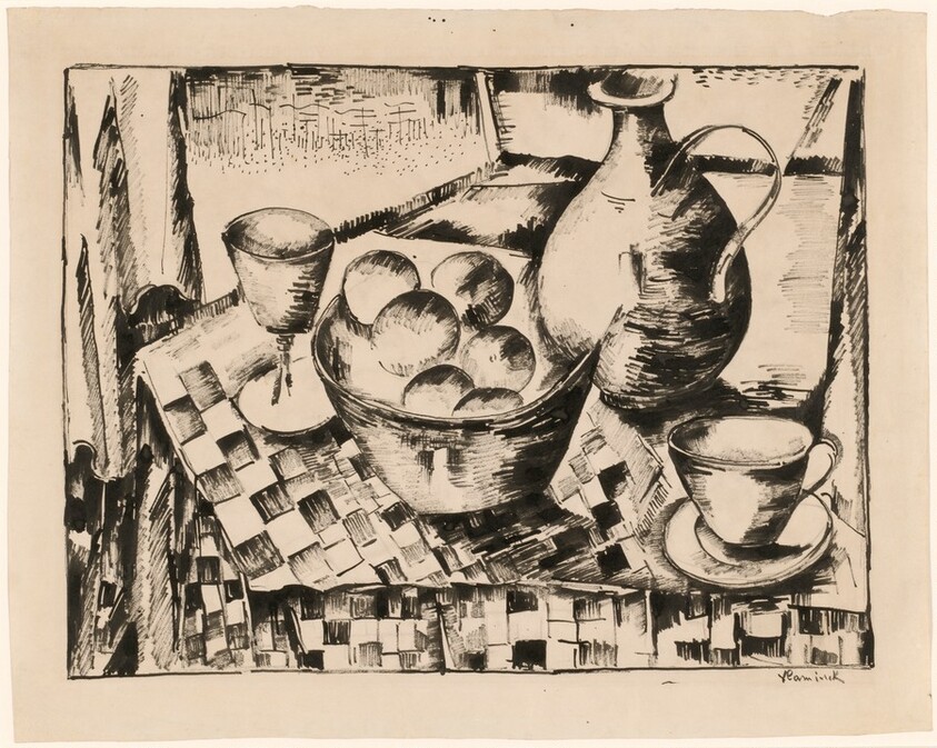 Still Life with a Bowl of Fruit on a Checkered Tablecloth