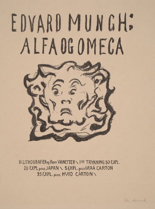 The image features bold, swirling lines and shapes forming an abstract representation of a face with exaggerated features, such as large eyes and a prominent mouth. Above the face is text reading "EDVARD MUNCH: ALFA OG OMEGA" and below are details about lithographic editions and the artist's signature.