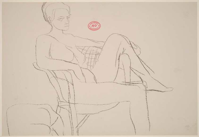 Untitled [seated female nude with left leg over chair arm]