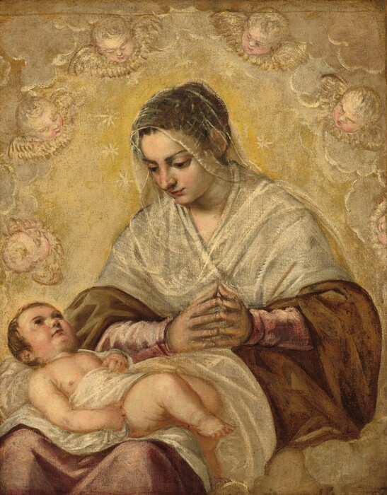 Shown from the knees up, a seated woman is surrounded by an arch of disembodied, winged baby heads as she gazes down at an infant lying across her lap in this vertical painting. They all have pale, peachy skin, and are placed against a honey-gold background. The floating heads are all angled inward to face the woman. The woman sits on straw-yellow clouds that billow up from the lower right corner, and more clouds fill the upper corners around the floating heads. The woman and baby take up most of the canvas. The woman’s knees are angled to our left but her upper body turns to us. Her hands are together, fingertips touching and coming toward us. Her chestnut-brown hair is pulled back and gathered at the back of her head, and is covered by a translucent white veil that falls to her shoulders. Her shoulders and upper arms are wrapped in an ivory-white shawl over a fawn-brown dress with rose-pink sleeves. Pale yellow stars create a ring around her head, which tilts down as she gazes toward the child with large brown eyes. The plump baby lies on his back, with his head resting on the woman’s right leg, farther from us. He has short, brown hair with dark eyes looking straight up. The white cloth on which he lies wraps around his midsection and upper thighs. One hand rests on his belly and the other by his side, and his chubby knees are bent over the woman’s leg.