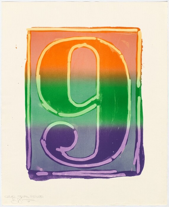 The image shows a large numeral '9' made of smooth, curving lines within a rectangular border. The design features a gradient transition of colors, including orange, green, and purple. The contrasting bold contour of the numeral against the softer gradients creates a sense of depth.