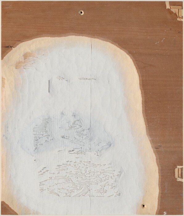 The image features soft, rounded white shapes against a rectangular wooden background. The white shapes resemble uneven patches or islands, like frost or melting snow on wood. The wood grain and natural imperfections contrast with the white shapes.