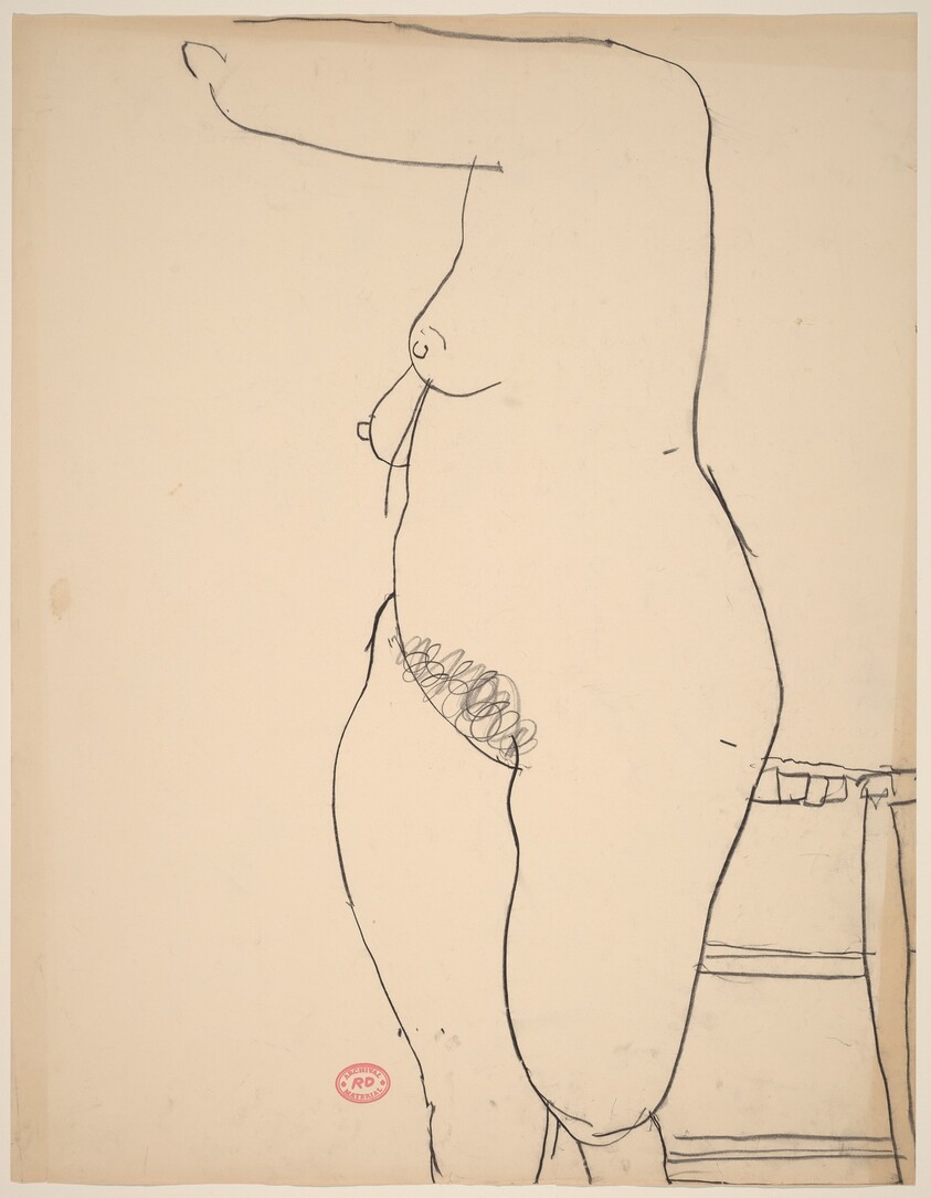 Untitled [female nude standing beside a stool]