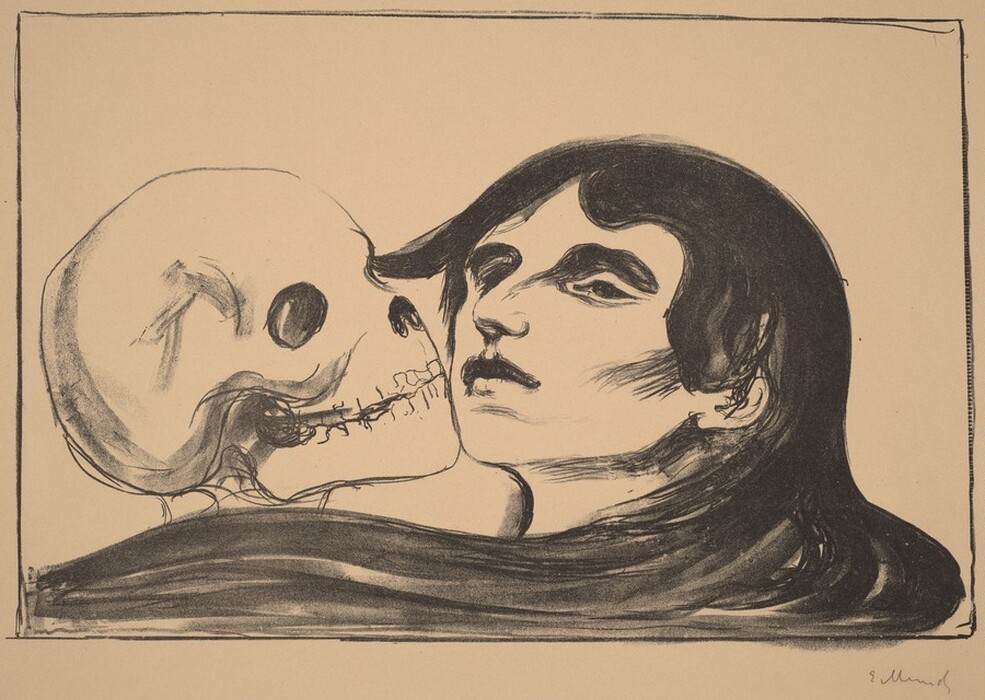 This print displays a person's head from the neck up, positioned in close proximity to a skull. On the right side of the print, the person's head is turned slightly to the left, towards the center of the image. They have pale skin, dark eye makeup that goes up to their eyebrows, a straight nose, closed lips, and long dark hair flowing smoothly down and across the bottom of the print. They are positioned next to a skull on the left side of the print, with the skull turned towards them. The chins of the human and skin appear to touch. The background is plain, tan paper.