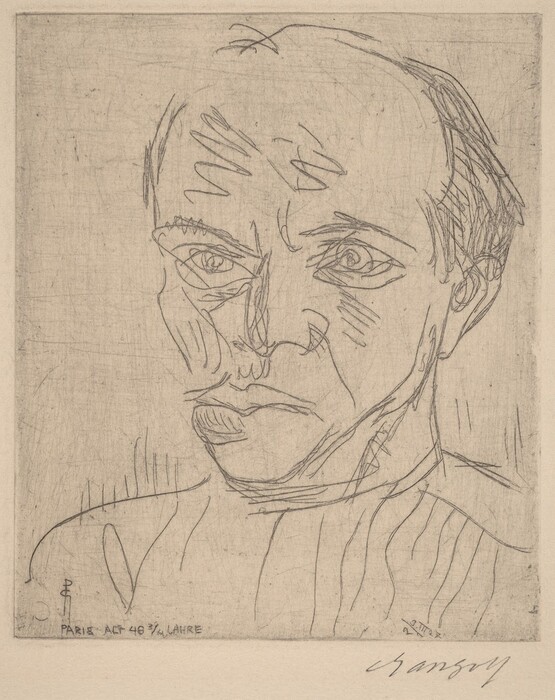 The image depicts a sketch of a person's head and shoulders. The person is facing partially towards the viewer with their head turned slightly to one side. Features such as the eyes, nose, and lips are emphasized with angular lines and sharp contours. The person's short, receding hair is visible, and they are wearing a high-collared garment. There are no visible jewelry or objects in their hands. The background is plain, with a lightly sketched texture.