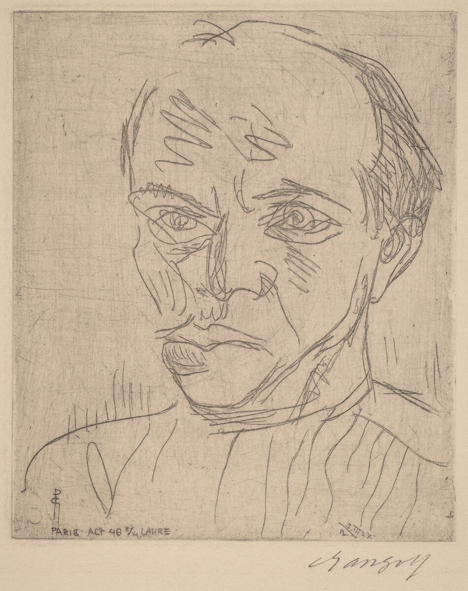 The image depicts a sketch of a person's head and shoulders. The person is facing partially towards the viewer with their head turned slightly to one side. Features such as the eyes, nose, and lips are emphasized with angular lines and sharp contours. The person's short, receding hair is visible, and they are wearing a high-collared garment. There are no visible jewelry or objects in their hands. The background is plain, with a lightly sketched texture.