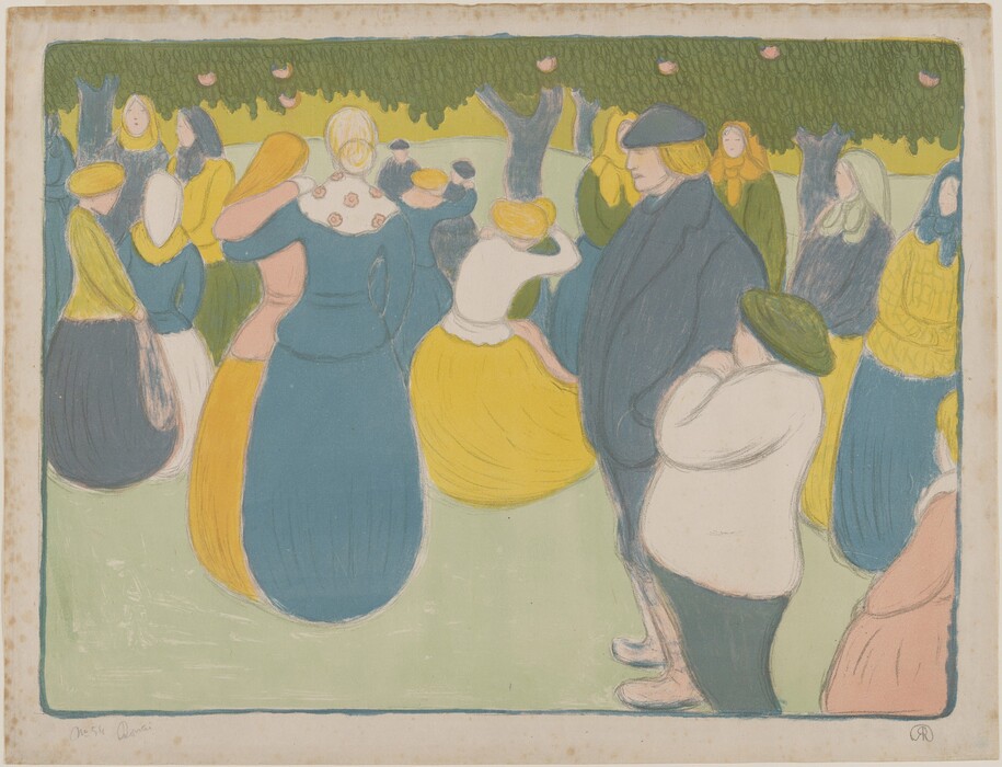 This is a painting of a group of figures in a park setting. The canvas shows an assembly of figures in attire composed of blue, yellow, and white hues, engaging in conversation or leisure within what appears to be a park or garden. The figures are stylized with simplified, rounded forms, and they occupy a flat, almost two-dimensional space. The scene is under a canopy of trees, with circular objects resembling fruit or lights hanging from the branches. The background features a muted and flat application of color, emphasizing the focus on the interplay of the figures themselves. This painting is in the style of Édouard Vuillard.