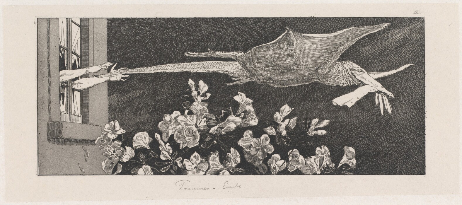 The image features elongated, flowing shapes extending from an open window on the left. These shapes lead into a main form resembling a flying creature with a long neck and pointed beak. The creature's wings stretch outwards, creating a sense of movement. Below, there are clusters of detailed flowers. The juxtaposition of the flying figure with the floral elements creates visual tension.