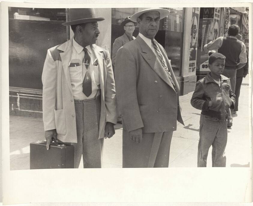 Men and child on street corner--San Francisco