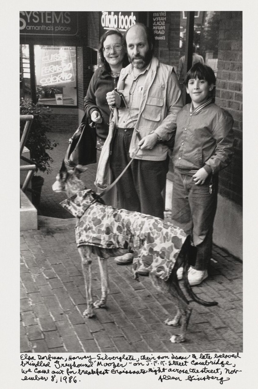 Elsa Dorfman, Harvey Silverglate, their son Isaac & late beloved brindled Greyhound "Moozer" on J.F.K. Street Cambridge, we came out for breakfast croissants right across the street, November 8, 1986.