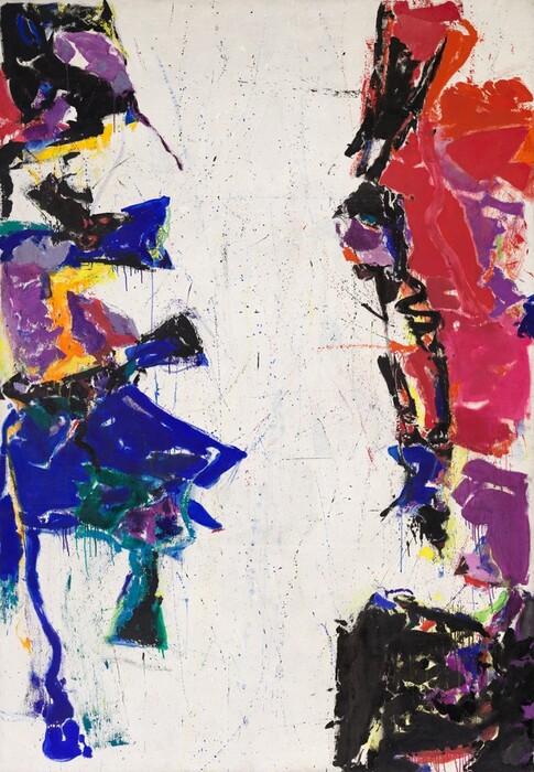 Boldly colored abstract forms line most of the left and right thirds of this vertical painting to leave the central channel mostly white. The forms are angular and irregular with jagged edges. Those on the left are mostly royal blue and emerald green, and those on the right are largely fuchsia pink and red. Violet-purple, black, and yellow areas and streaks are on both sides. The center is spotted with thin drips of paint, fine spatters, or tiny dots of paint.