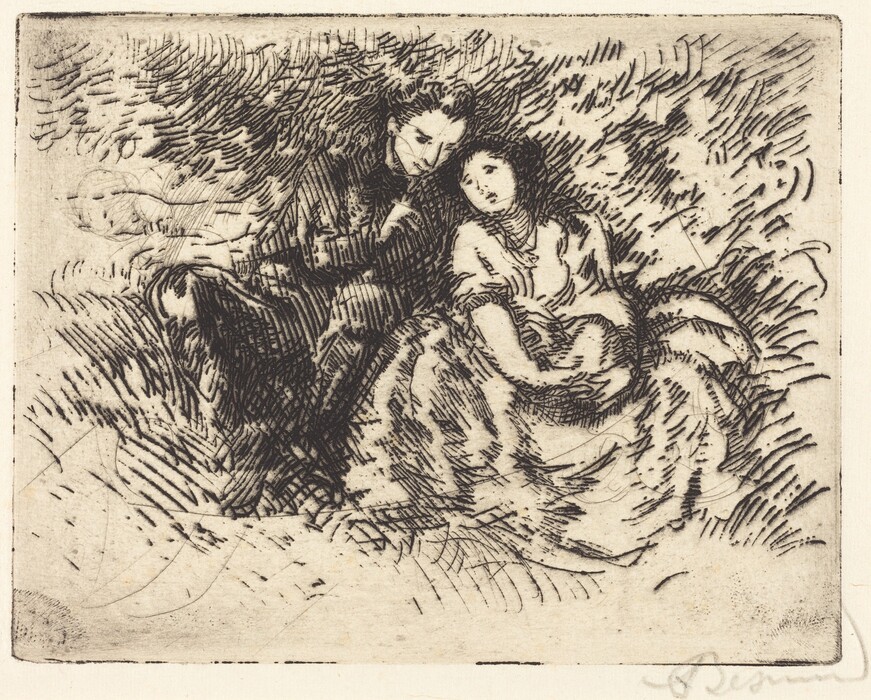 The etching shows two people seated closely together on grassy ground. Both individuals are depicted from the full upper body to partially visible lower bodies behind the grass. The person on the left leans towards the other, with their arm extended behind the seated person. Their features include a prominent nose, short styled hair, and they are looking downwards. This person wears a dark outfit. The person on the right sits slightly reclined with hands resting in their lap, looking upwards. They have long, flowing hair and wear a light-colored dress with short sleeves and visible detailing. There is a subtle outline of what appears to be a necklace around their neck. The background is filled with sketch-like cross-hatching to suggest the texture of the surrounding grass or foliage.