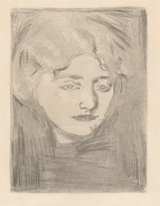 This is a print of a person visible from the shoulders up. The person is in a slightly turned position, looking directly at us with their face turned over their left shoulder. Their facial features include pale skin, distinct eyebrows, almond-shaped eyes, a straight nose, and full, dark lips. Their hair appears wavy and loose, with small curls framing their forehead, but it is hard to determine the length as it blends into the background. The print is monochromatic, using shades of grey. The background is gray.