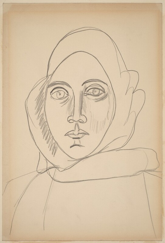 A woman’s face, head covering, and upper shoulders are drawn with bold outlines on this vertical, cream-colored paper. Her body is squared to us but it’s hard to tell whether she looks at us or just past us. She has an oval face with wide, large eyes under arched brows, a straight nose, and her lips are closed. Her hair is covered with a cloth, and the contours of her shoulders and clothing are sparsely outlined. There is loose shading under eyes, to each side of her nose, along the underside of one cheekbone, and in the head covering to our left.