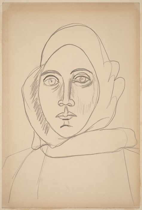A woman’s face, head covering, and upper shoulders are drawn with bold outlines on this vertical, cream-colored paper. Her body is squared to us but it’s hard to tell whether she looks at us or just past us. She has an oval face with wide, large eyes under arched brows, a straight nose, and her lips are closed. Her hair is covered with a cloth, and the contours of her shoulders and clothing are sparsely outlined. There is loose shading under eyes, to each side of her nose, along the underside of one cheekbone, and in the head covering to our left.