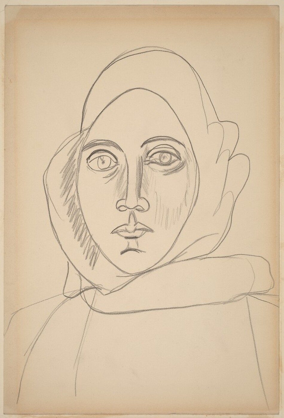 A woman’s face, head covering, and upper shoulders are drawn with bold outlines on this vertical, cream-colored paper. Her body is squared to us but it’s hard to tell whether she looks at us or just past us. She has an oval face with wide, large eyes under arched brows, a straight nose, and her lips are closed. Her hair is covered with a cloth, and the contours of her shoulders and clothing are sparsely outlined. There is loose shading under eyes, to each side of her nose, along the underside of one cheekbone, and in the head covering to our left.