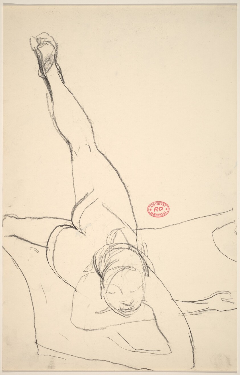 Untitled [female nude with belly on floor and left leg raised]
