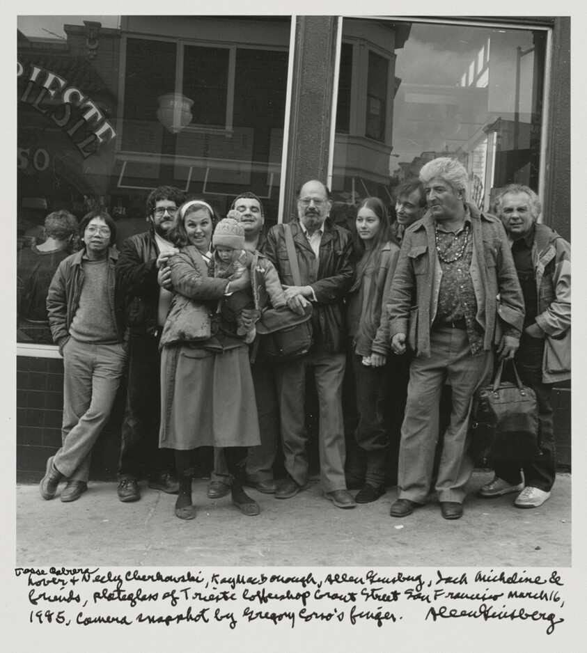 Jesse Cabrera Lover & Neeli Cherkovski, Kaye MacDonough, Allen Ginsberg, Jack Micheline & friends, plateglass of Trieste Coffeeshop Grant Street San Francisco March 16, 1985, Camera snapshot by Gregory Corso's finger.