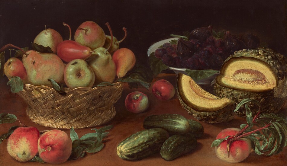 This painting features a large woven basket filled with pears and a couple of peaches or apples, positioned in the center-left of the composition. Below the basket, there are a few peaches resting separately, while four cucumbers lie in the center of the table. To the right, a reflective bowl overflows with figs. In front of it is a yellow melon with a textured rind that has been cut open. The color palette includes hues of green, red, and the yellow of the melon. The lighting in the image comes from the upper left, casting shadows on the brown surface below and highlighting the texture and color of the fruits against the black background.