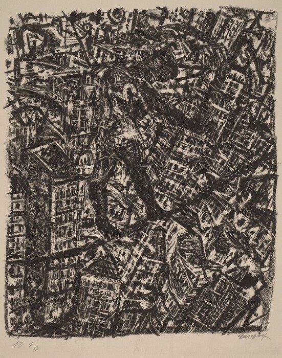 The image consists of a complex arrangement of lines and shapes creating an abstract pattern. The central figure appears to be a human silhouette overlooking a cityscape. Various rectangular and curved shapes suggest buildings, windows, and urban elements. The intricate details form a dense and chaotic composition that conveys a bustling city atmosphere.