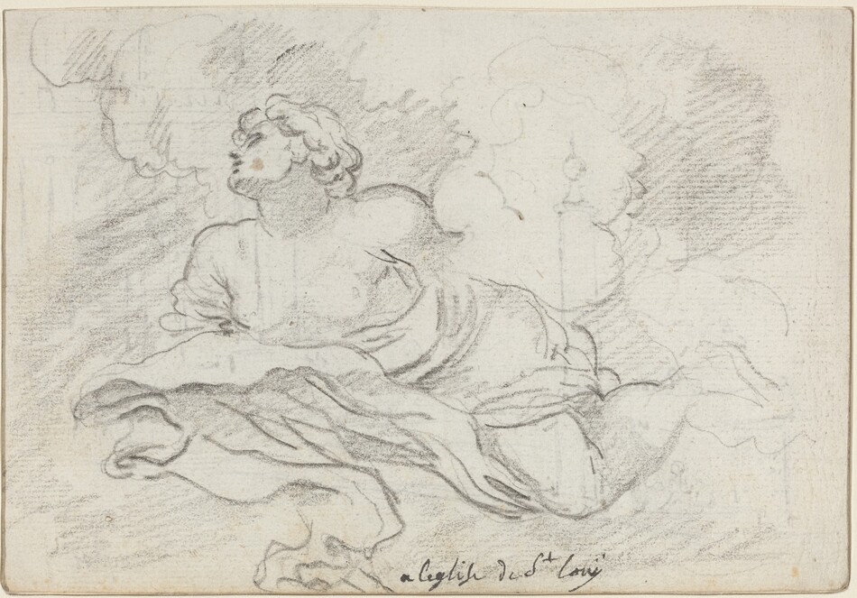 The drawing depicts an upper body view of a person floating or ascending. The person is in profile, facing left, with their head slightly tilted upward. They have delicate facial features, including a prominent nose and curly hair flowing around their head. The person wears draped fabric, possibly a robe or gown, with loose, flowing lines. The fabric appears to billow as if caught in a breeze. The individual is not holding any objects or wearing visible jewelry. The background features lightly sketched, wispy clouds and architectural elements like columns.