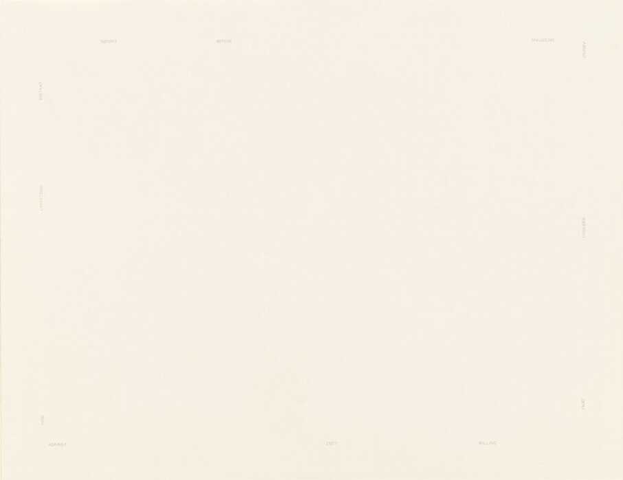 The image displays a sparse arrangement of faint, small words scattered around the edges of a large, nearly empty white canvas. The words include "BEFORE," "AGAINST," "UNCERTAIN," and "WILLING" and are positioned in a way that evokes a sense of possible directions or locations. The overall appearance is minimalist, with the words creating a subtle visual rhythm across the canvas.