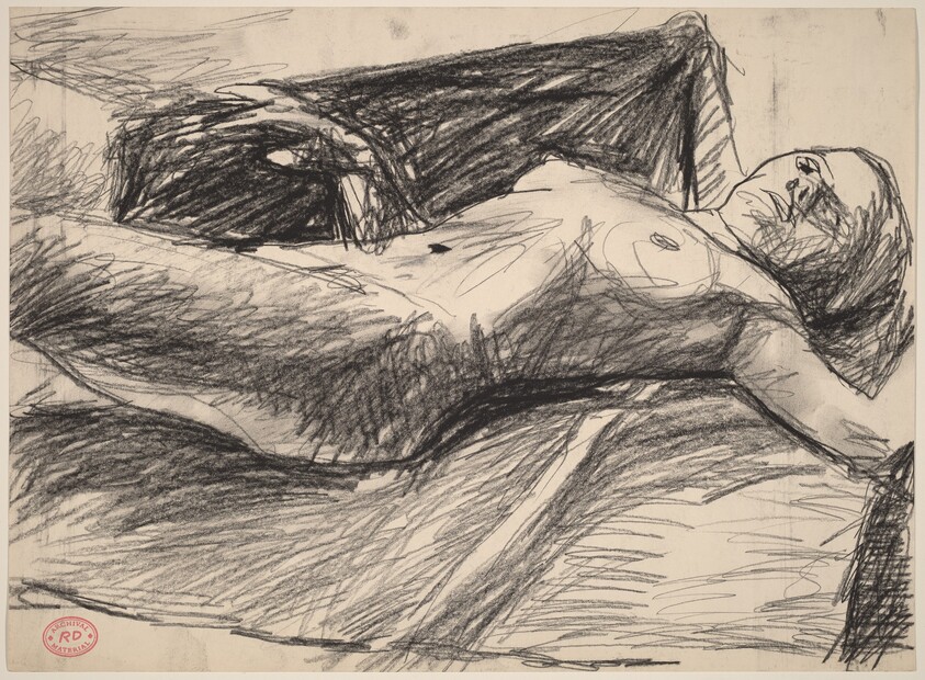 Untitled [female nude lying back on fabric]