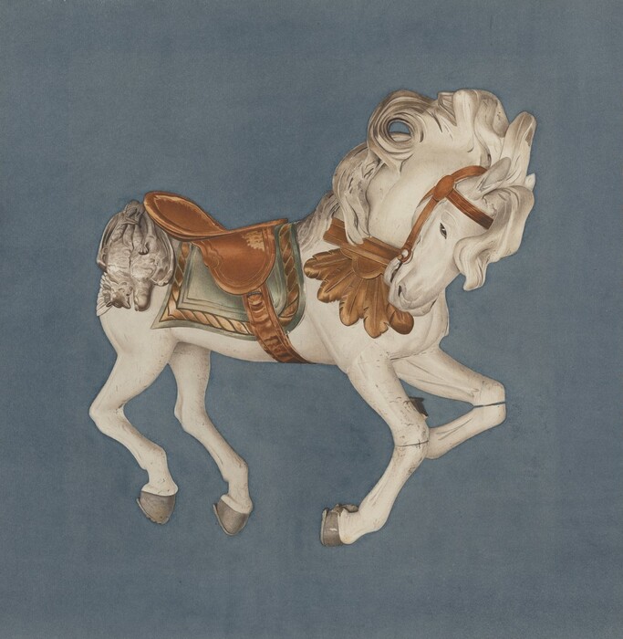 This is a painting of a carousel horse against a solid blue background. The horse is sculpted in an ornate style, with a white coat. Its mane and tail are curled and shaded to give a three-dimensional effect. The saddle and harness are painted in browns with decorative elements. The background is plain blue. The painting captures the charm and nostalgia of old-fashioned amusement rides. This is in the style of Victorian vintage carousel art.