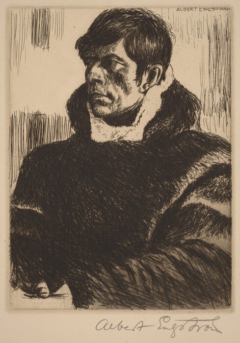 The image shows an upper-body portrait of a man. He is in a three-quarter view looking to his right. His facial features include a prominent nose and pronounced cheekbones, with shadows emphasizing the contours of his face. His hair is dark and cut in a relatively short style, brushing across his forehead and covering his ears. He wears a coat with a large fur collar that envelops his upper body. The background has a textured pattern of dark vertical and horizontal lines, contrasting with the lightness of the man's skin. The etching style gives depth and texture to the portrait.