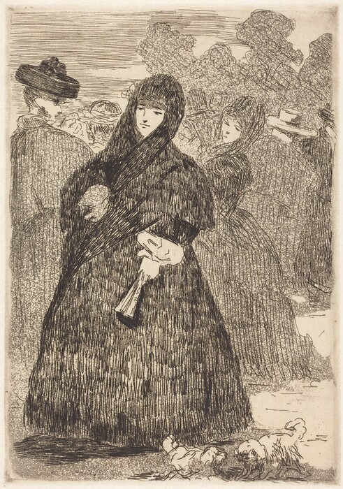 The image shows a person standing in the foreground. The person is facing slightly to the side but looking directly at the viewer with a calm expression. They have straight hair that is partially covered by a large shawl draped over the head and shoulders. The individual is wearing a long, dark, textured gown that covers the body completely, with the arms crossed in front holding a folded fan. The background reveals a bustling scene with several other people, some wearing hats, appearing to be in conversation. The backdrop consists of indistinct outlines of trees, suggesting an outdoor setting, and there are small dogs at the feet of the central figure.